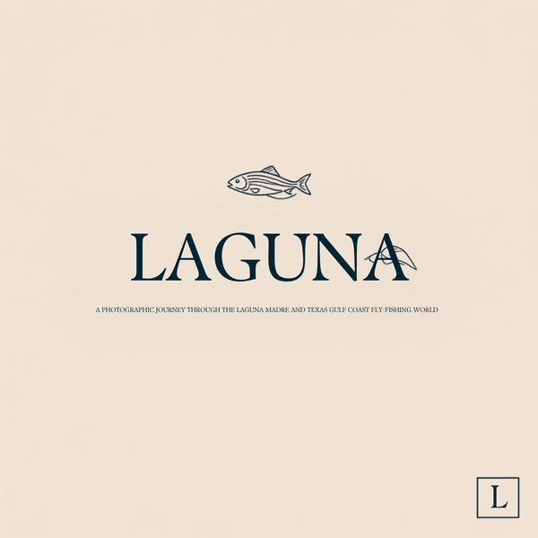 A minimalist book or album cover design with the word 'LAGUNA' in large serif letters, a small fish illustration above, and a subtitle reading 'A PHOTOGRAPHIC JOURNEY THROUGH THE LAGUNA MAJOR AND TEXAS GULF COAST FLY FISHING WORLD.' The background is a warm cream/beige tone, and a small square 'L' mark appears in the bottom-right corner.